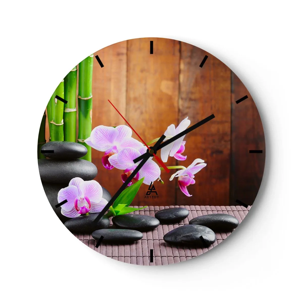Orologio da parete - Orologio in Vetro - Orchidee viola con bambù e pietre - 30x30cm - Scopri i piaceri dell'oriente - Decorazione murale moderna per soggiorno, cucina e camera da letto ARTTOR