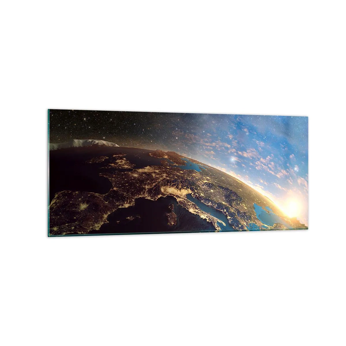 Quadro su vetro - Vista della Terra dallo spazio all'alba - 120x50cm - Guardiamoci da lontano - Decorazione murale moderna per soggiorno e camera da letto ARTTOR