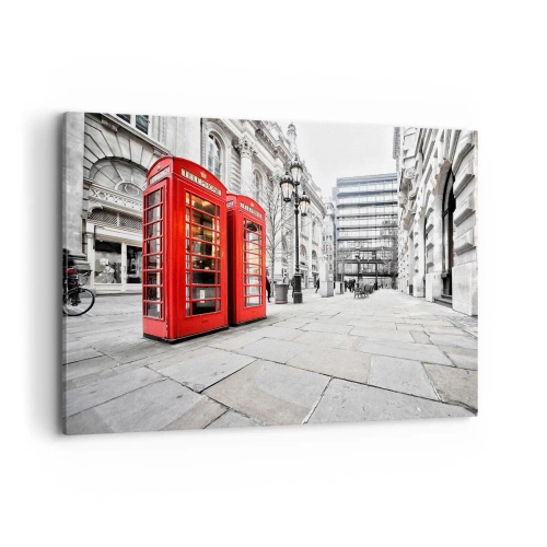 Quadro su tela - Stampe su Tela - Cabine telefoniche rosse sullo sfondo del paesaggio urbano - 120x80cm - Welcome to London - Decorazione murale moderna per soggiorno e camera da letto ARTTOR