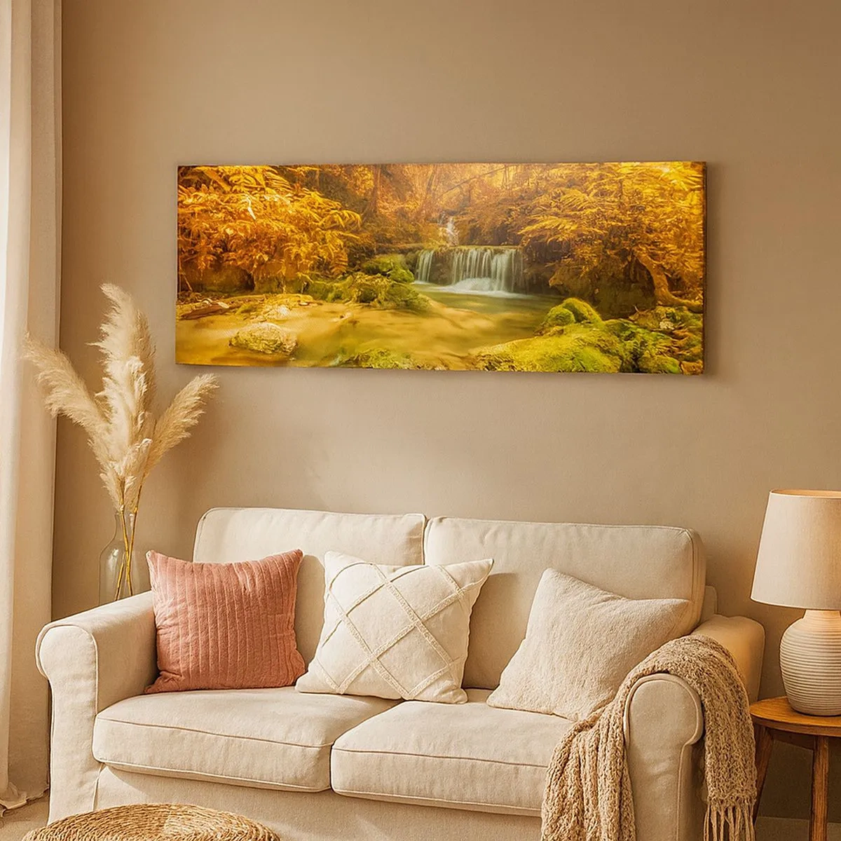 Quadro su tela - Stampe su Tela - Cascata boschiva in oro - 100x40 cm