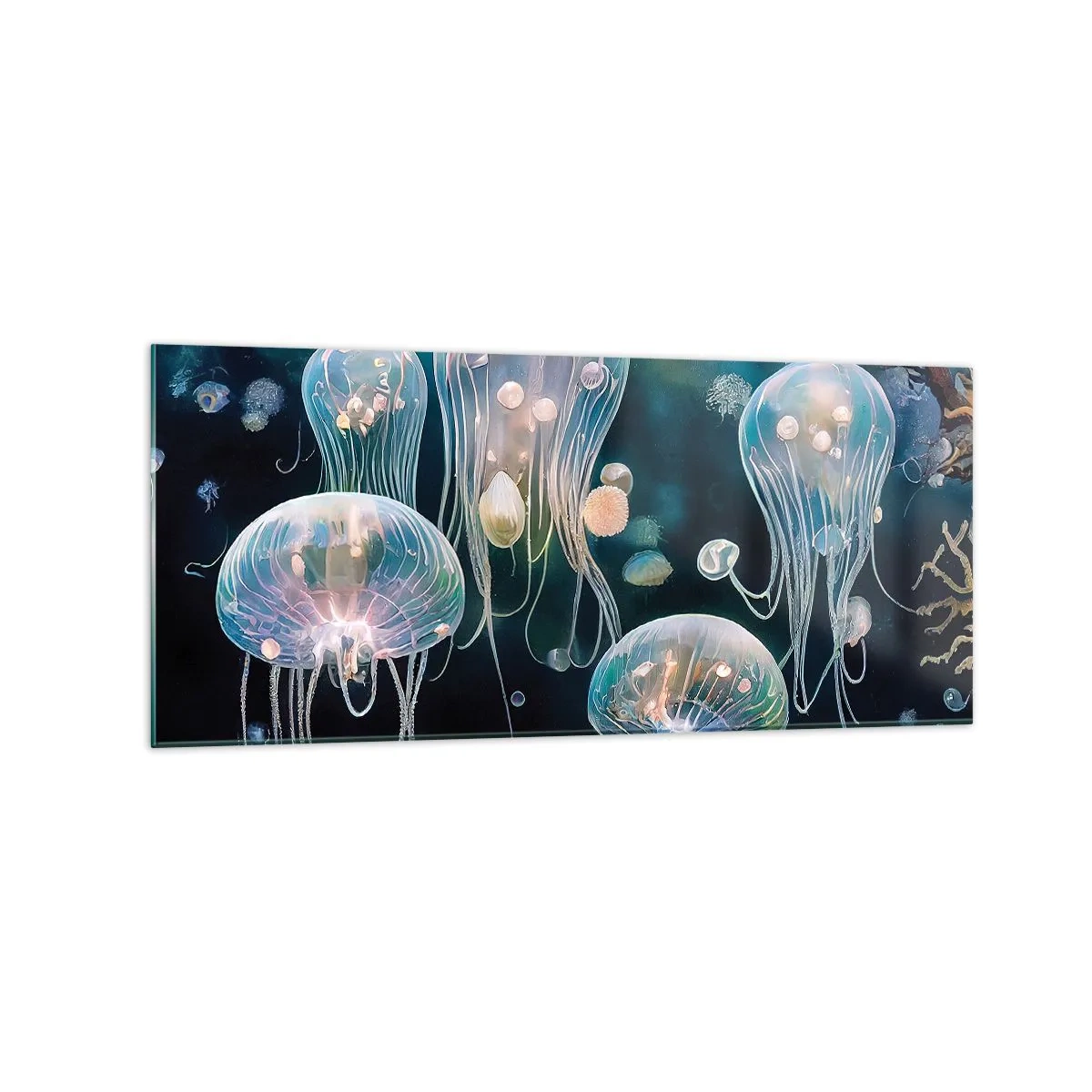 Quadro su vetro - Delicate meduse nel mondo sottomarino - 120x50cm - Danza sottomarina - Decorazione murale moderna per soggiorno e camera da letto ARTTOR