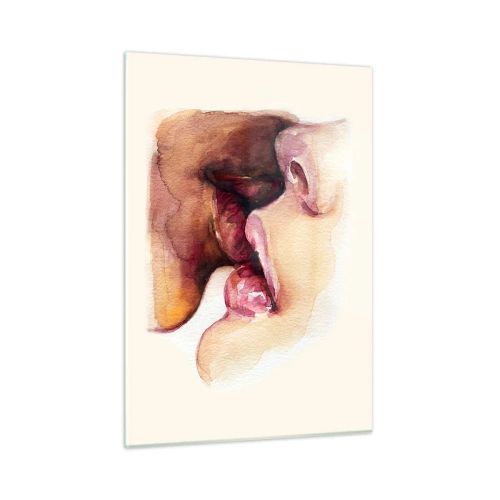 Quadro su vetro - Bacio artistico ad acquerello di due volti su uno sfondo chiaro - 50x70cm - Come notte e giorno, terra e cielo - Decorazione murale moderna per soggiorno e camera da letto ARTTOR