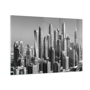 Quadro su vetro - Panorama in bianco e nero dei grattacieli della città - 100x70cm - La città sul deserto - Decorazione murale moderna per soggiorno e camera da letto ARTTOR