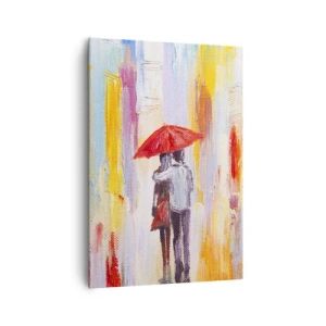 Quadro su tela - Stampe su Tela - Una coppia sotto un ombrello rosso con edifici colorati sullo sfondo. - 70x100cm - Che piova ancora - Decorazione murale moderna per soggiorno e camera da letto ARTTOR