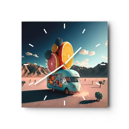 Orologio da parete - Orologio in Vetro - Camion della frutta in un paesaggio desertico - 30x30cm - Il sapore delle vacanze - Decorazione murale moderna per soggiorno e camera da letto ARTTOR