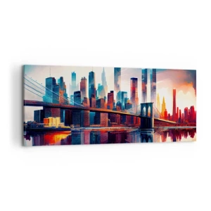 Quadro su tela - Stampe su Tela - Panorama di New York City con ponte e riflesso nell'acqua - 120x50cm - Una New York spettacolare - Decorazione murale moderna per soggiorno e camera da letto ARTTOR