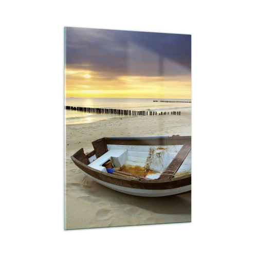 Quadro su vetro - Una barca su una spiaggia sabbiosa all'alba - 50x70cm - Non vi sono spiagge più belle - Decorazione murale moderna per soggiorno e camera da letto ARTTOR