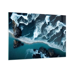 Quadro su vetro - Onde del mare che si infrangono contro la costa rocciosa - 100x70cm - Avvolte dalle onde - Decorazione murale moderna per soggiorno e camera da letto ARTTOR