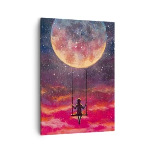 Quadro su tela - Stampe su Tela - Una figura su un'altalena sospesa contro la luna - 50x70cm - Con la testa tra le nuvole - Decorazione murale moderna per soggiorno e camera da letto ARTTOR