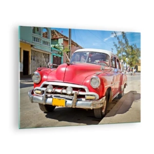 Quadro su vetro - Auto d'epoca rossa su una strada cittadina - 70x50cm - Ancora solamente a Cuba - Decorazione murale moderna per soggiorno e camera da letto ARTTOR