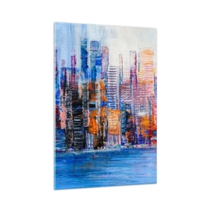 Quadro su vetro - Un panorama colorato della città con riflessi sull'acqua - 70x100cm - Metropoli gioiosa - Decorazione murale moderna per soggiorno e camera da letto ARTTOR