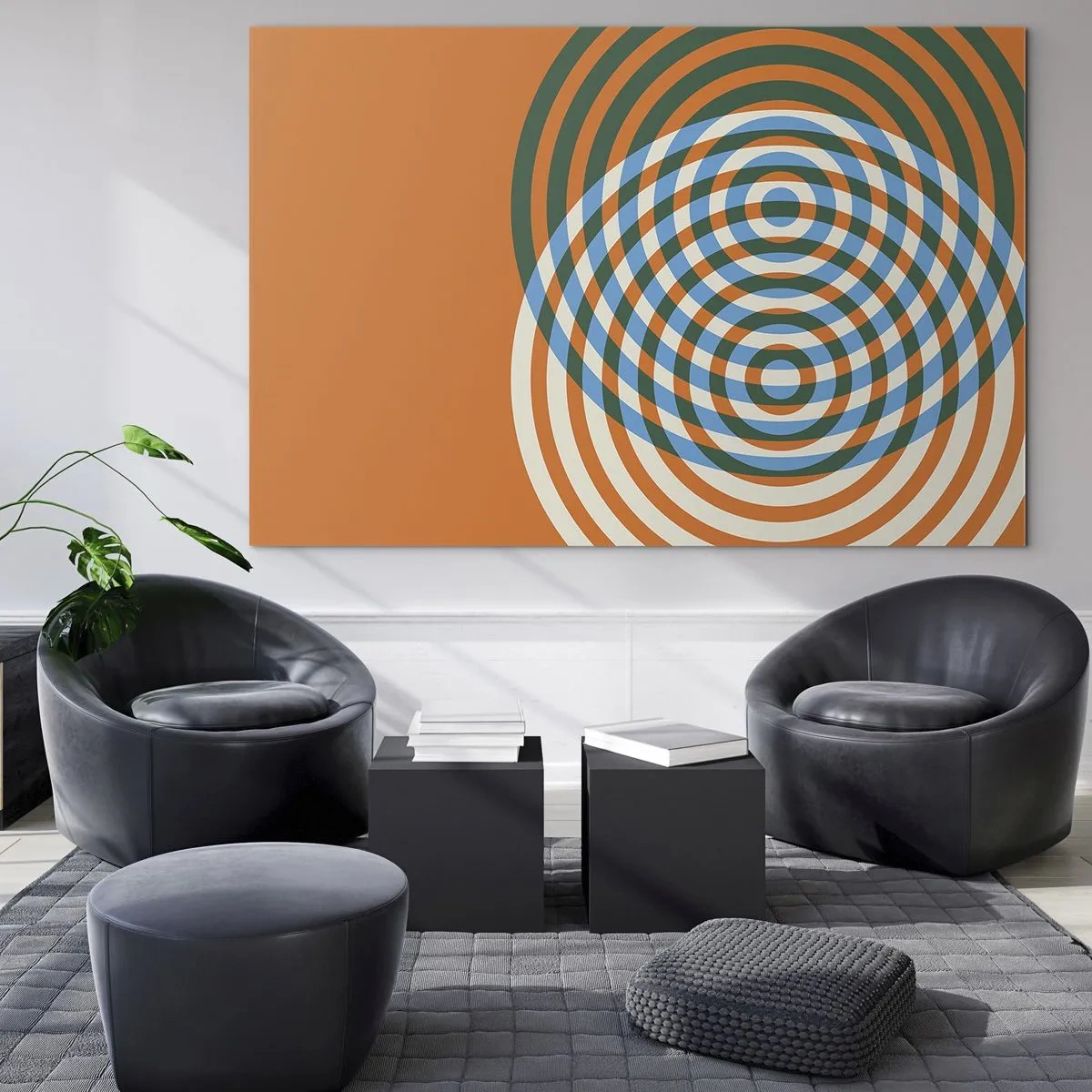 Quadro su vetro - Grafica geometrica astratta con cerchi concentrici - 100x70cm - Composizione astratta a cerchi - Decorazione murale moderna per soggiorno e camera da letto ARTTOR