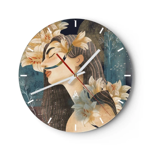 Orologio da parete - Orologio in Vetro - Ritratto di una donna con gli occhi chiusi circondata da gigli - 30x30cm - La favola della principessa con i gigli - Decorazione murale moderna per soggiorno, cucina e camera da letto ARTTOR