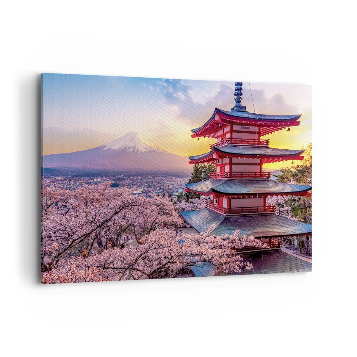 Quadro su tela - Stampe su Tela - Una pagoda in Giappone con fiori di ciliegio e il Monte Fuji - 100x70cm - L'essenza dell'anima giapponese - Decorazione murale moderna per soggiorno e camera da letto ARTTOR