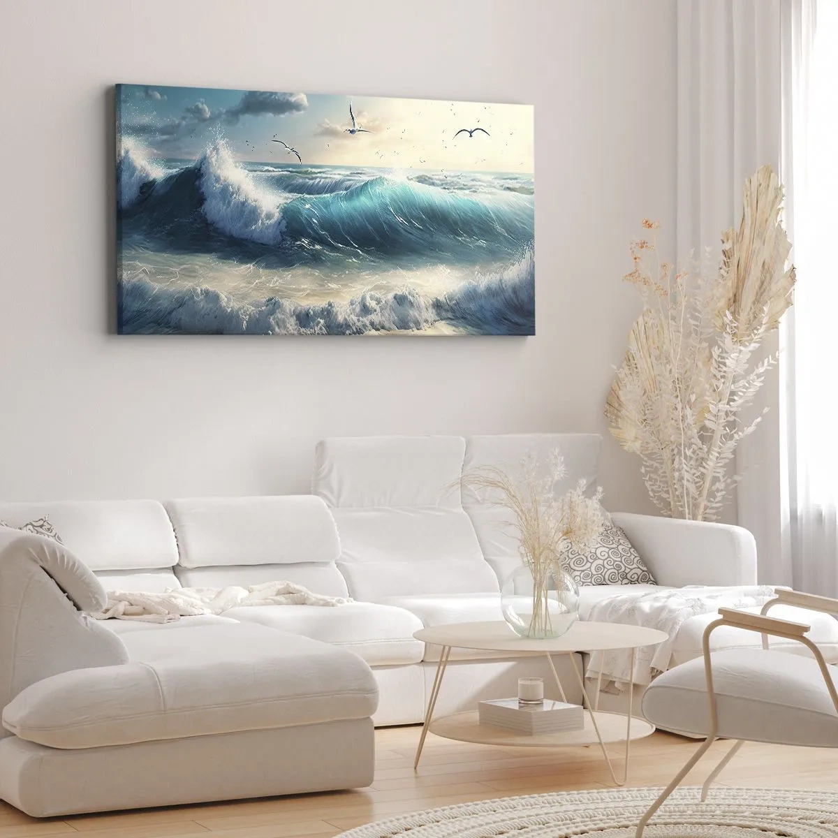 Quadro su tela - Stampe su Tela - Onde del mare sulla spiaggia sotto un cielo azzurro con gabbiani - 140x50cm - Mormora solo per te - Decorazione murale moderna per soggiorno e camera da letto ARTTOR