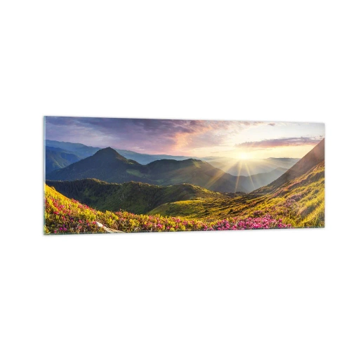Quadro su vetro - Paesaggio montano con rododendri in fiore - 140x50cm - La freschezza di un mattino sui monti - Decorazione murale moderna per soggiorno e camera da letto ARTTOR