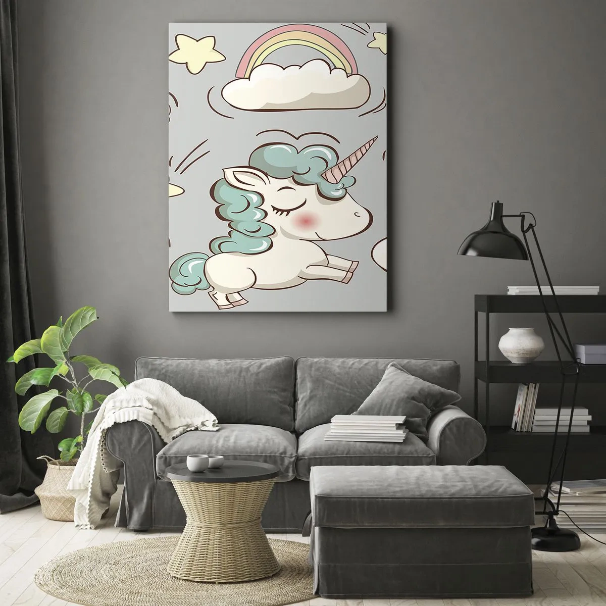 Quadro su tela - Stampe su Tela - Simpatici unicorni su sfondo pastello - 50x70cm - Sicuramente esistono… - Decorazione murale moderna per soggiorno e camera da letto ARTTOR