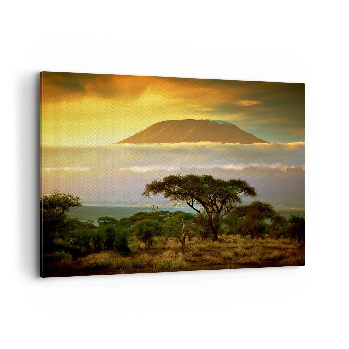 Quadro su tela - Stampe su Tela - Paesaggio africano con il Kilimangiaro all'alba - 100x70cm - Il sogno del viaggiatore - Decorazione murale moderna per soggiorno e camera da letto ARTTOR