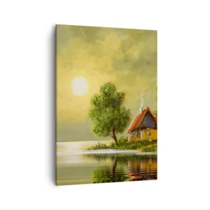 Quadro su tela - Stampe su Tela - Casa sul lago alla luce del tramonto - 50x70cm - Bello come un quadro - Decorazione murale moderna per soggiorno e camera da letto ARTTOR