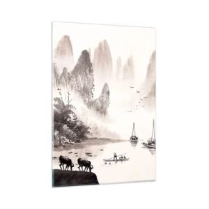 Quadro su vetro - Paesaggio cinese con montagne, alberi e acqua - 50x70cm - L'esotica quotidianità dell'Oriente - Decorazione murale moderna per soggiorno e camera da letto ARTTOR