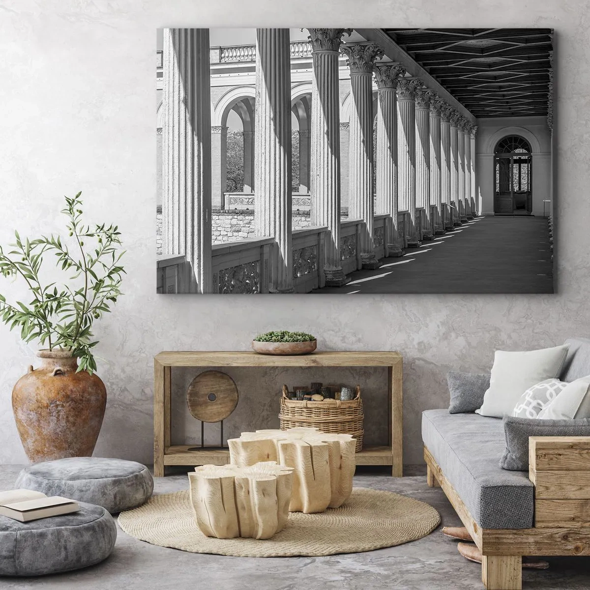 Quadro su tela - Stampe su Tela - Colonnato in stile classico in bianco e nero - 70x50cm - Portico soleggiato - Decorazione murale moderna per soggiorno e camera da letto ARTTOR