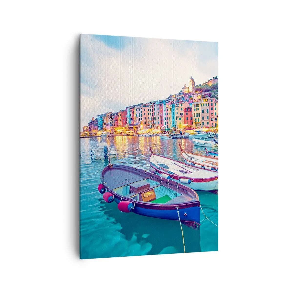 Quadro su tela - Stampe su Tela - Una colorata città sul lungomare con barche nel porto - 70x100cm - Sera colorata nel porto - Decorazione murale moderna per soggiorno e camera da letto ARTTOR
