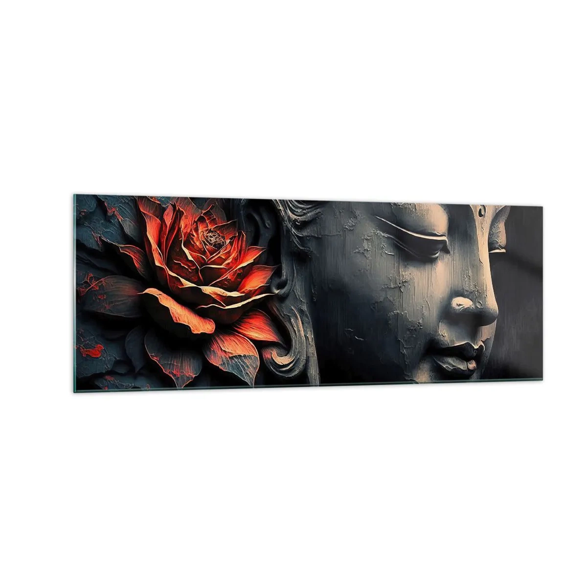 Quadro su vetro - Scultura del Buddha con un fiore di loto rosso - 140x50cm - In armonia con il mondo - Decorazione murale moderna per soggiorno e camera da letto ARTTOR