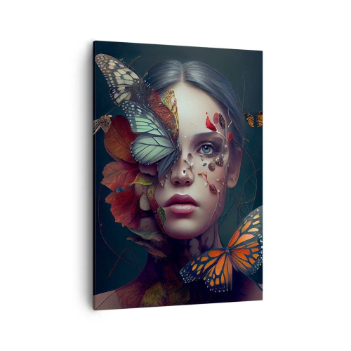 Quadro su tela - Stampe su Tela - Ritratto di donna con farfalle ed elementi vegetali - 50x70cm - Metamorfosi fantastica - Decorazione murale moderna per soggiorno e camera da letto ARTTOR