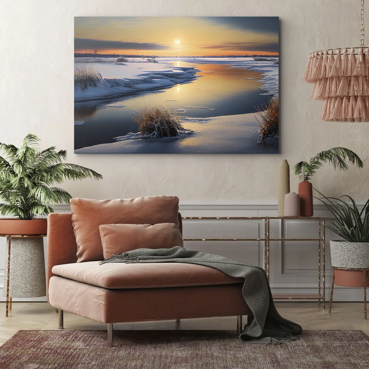 Quadro su tela - Stampe su Tela - Paesaggio invernale con un fiume al tramonto - 100x70cm - Tramonto invernale - Decorazione murale moderna per soggiorno e camera da letto ARTTOR