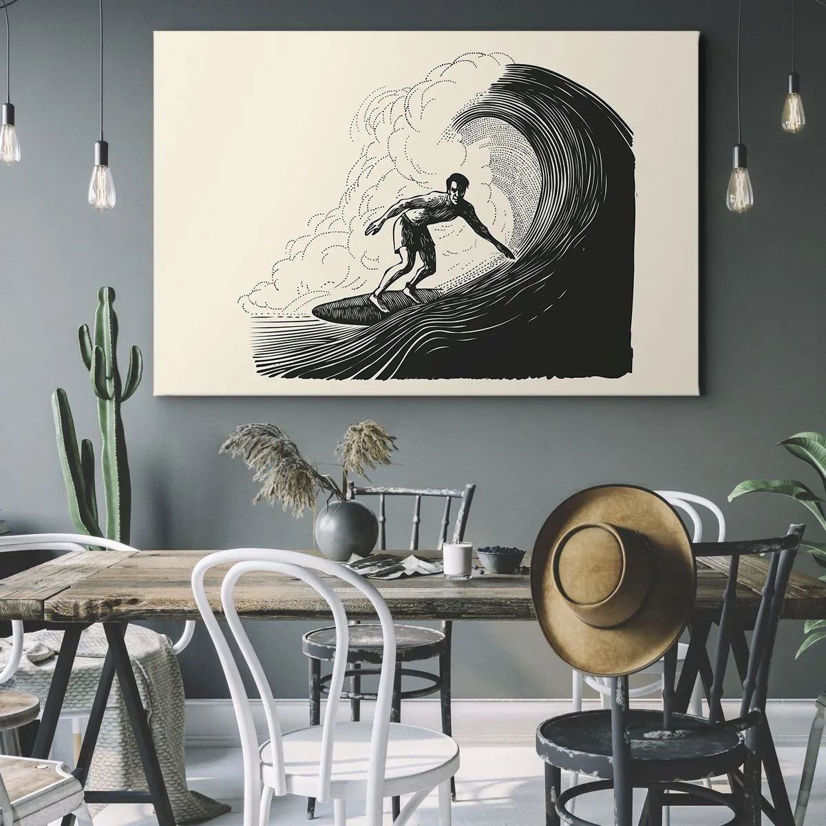 Quadro su tela - Stampe su Tela - Grafica in bianco e nero di un surfista che cavalca un'onda - 120x80cm - Il re delle onde - Decorazione murale moderna per soggiorno e camera da letto ARTTOR