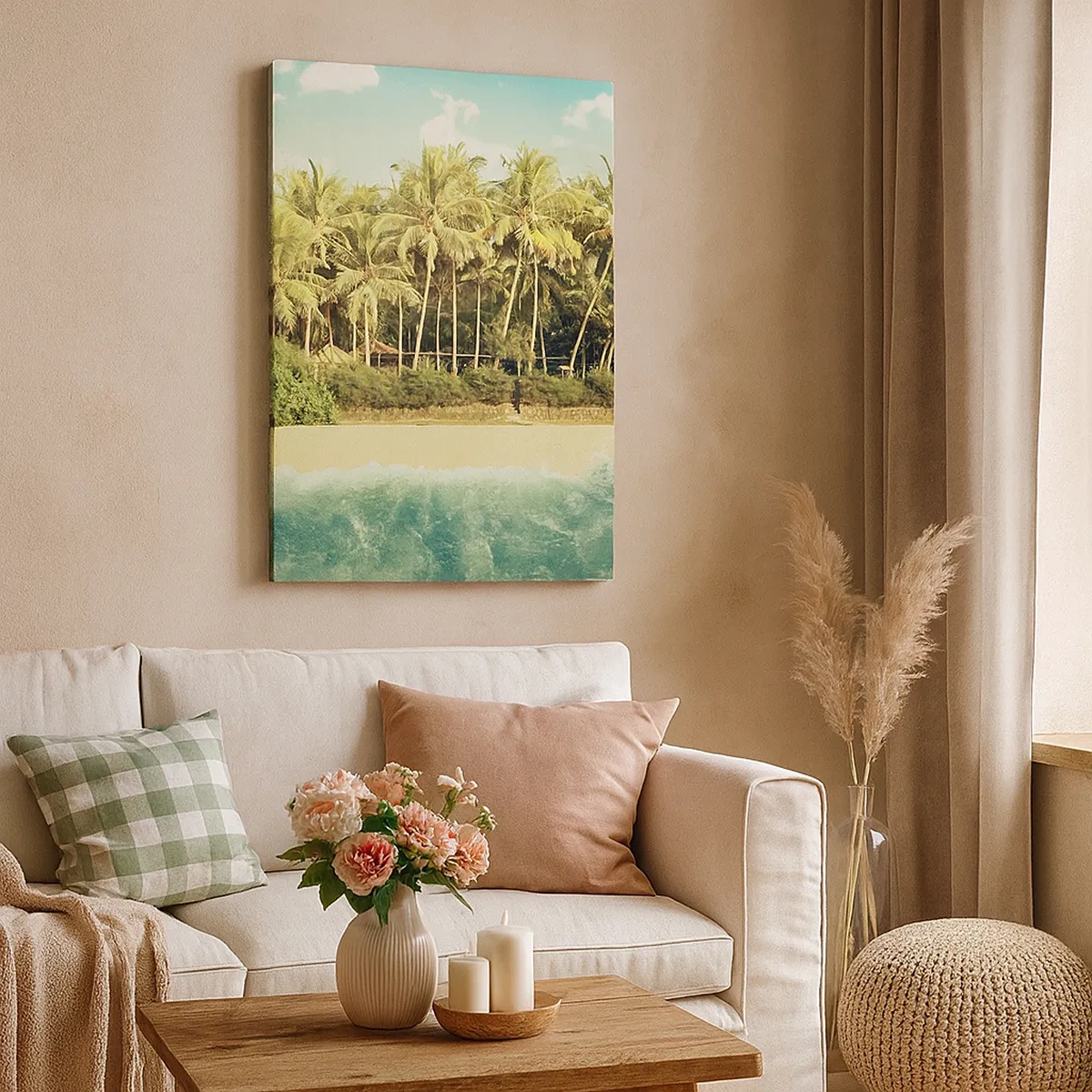 Quadro su tela - Stampe su Tela - Spiaggia tropicale con palme e mare turchese - 50x70cm - Forse qui? - Decorazione murale moderna per soggiorno e camera da letto ARTTOR