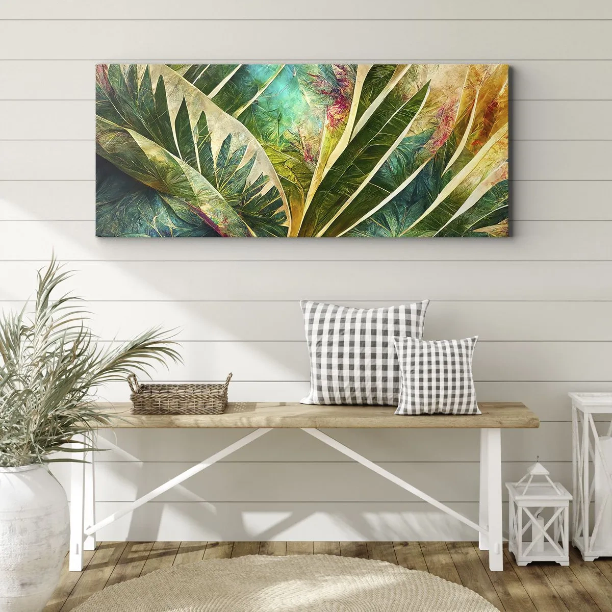 Quadro su tela - Stampe su Tela - Foglie tropicali colorate su uno sfondo chiaro - 120x50cm - I colori dei tropici - Decorazione murale moderna per soggiorno e camera da letto ARTTOR