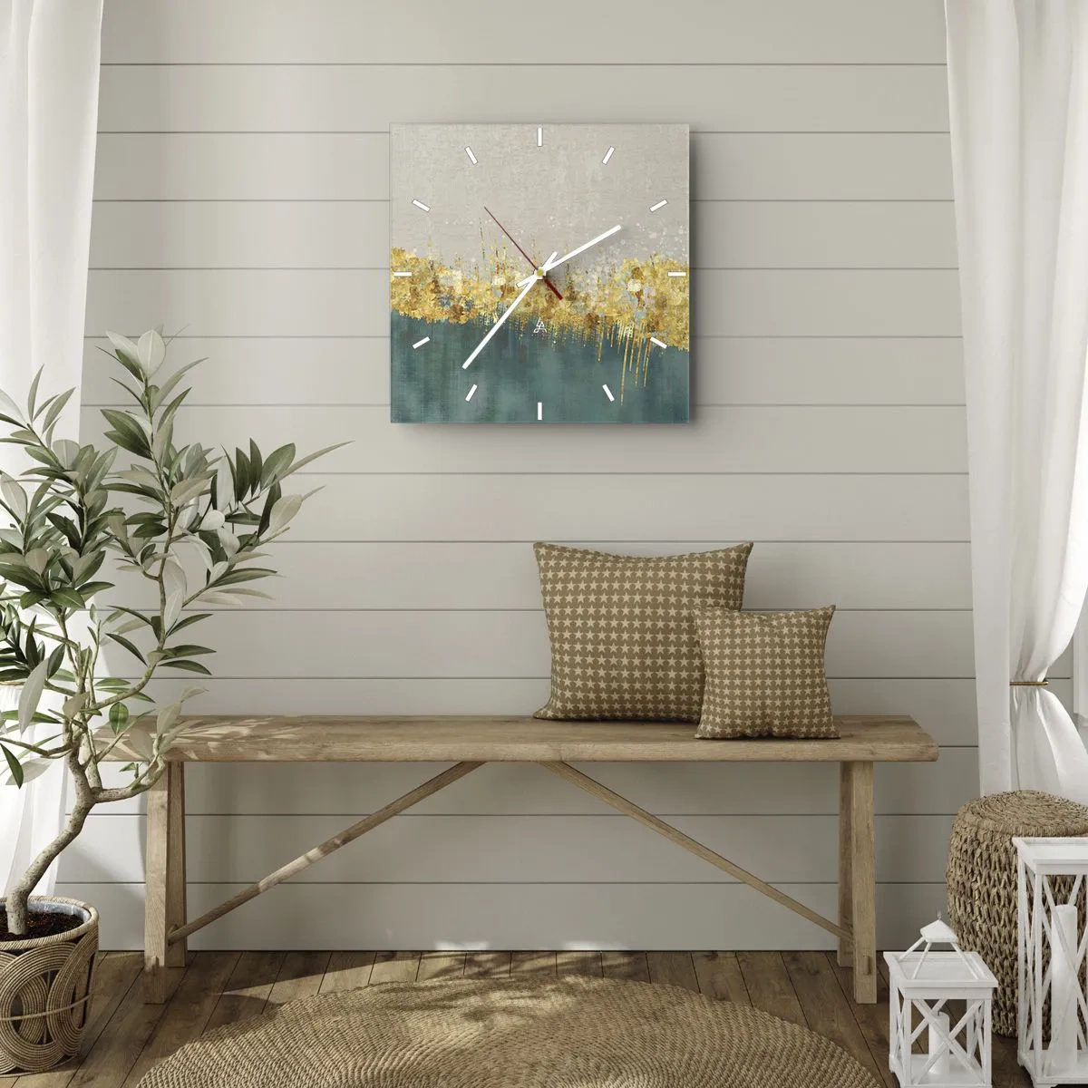 Orologio da parete - Orologio in Vetro - Accenti dorati su sfondo verde-beige - 30x30cm - Confine dorato - Decorazione murale moderna per soggiorno e camera da letto ARTTOR