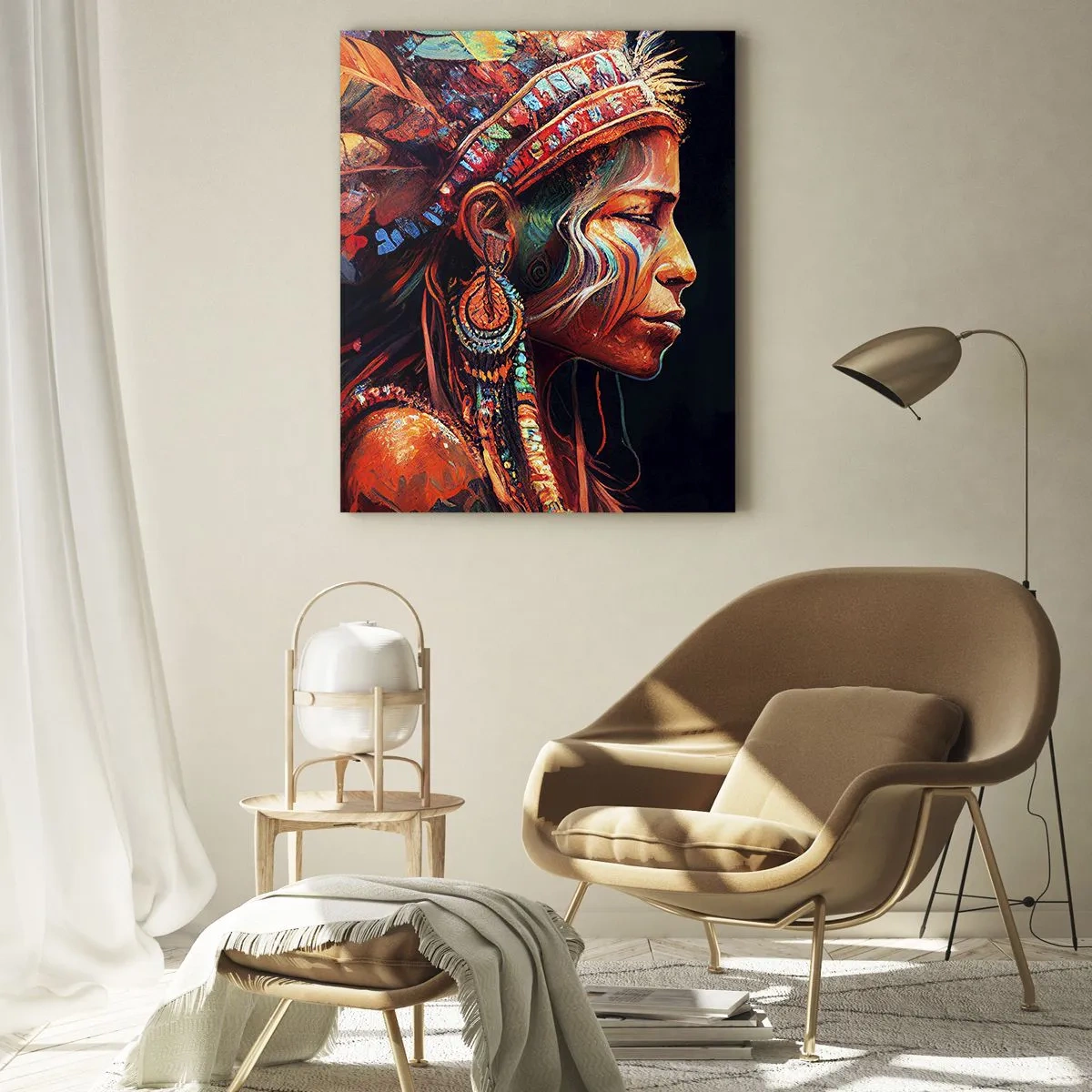 Quadro su vetro - Una figura con un copricapo piumato che beve una pozione in un'atmosfera mistica - 50x70cm - Rituale magico - Decorazione murale moderna per soggiorno e camera da letto ARTTOR
