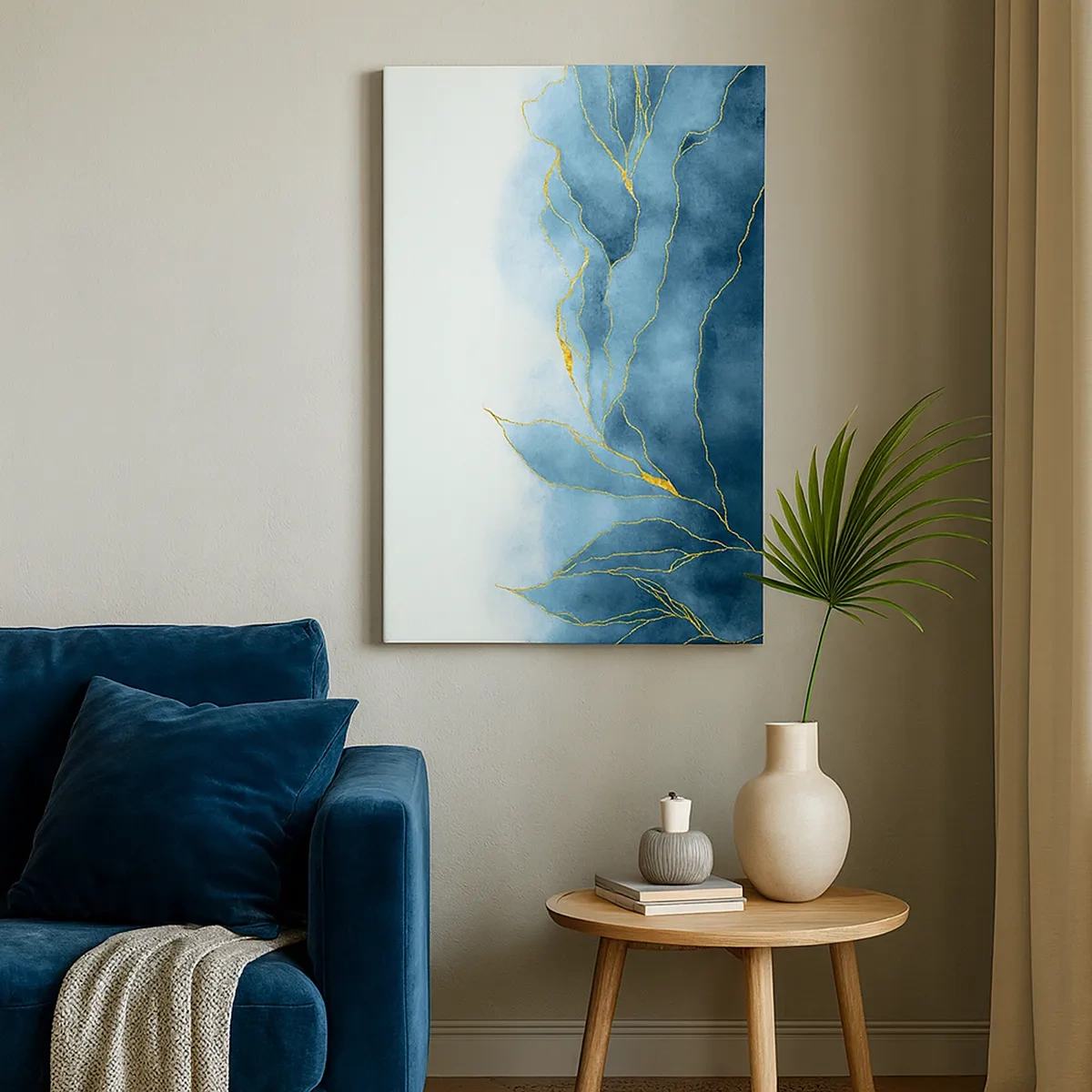 Quadro su tela - Stampe su Tela - Onde astratte nelle tonalità del blu con accenti dorati - 50x70cm - Blu nell'oro - Decorazione murale moderna per soggiorno e camera da letto ARTTOR