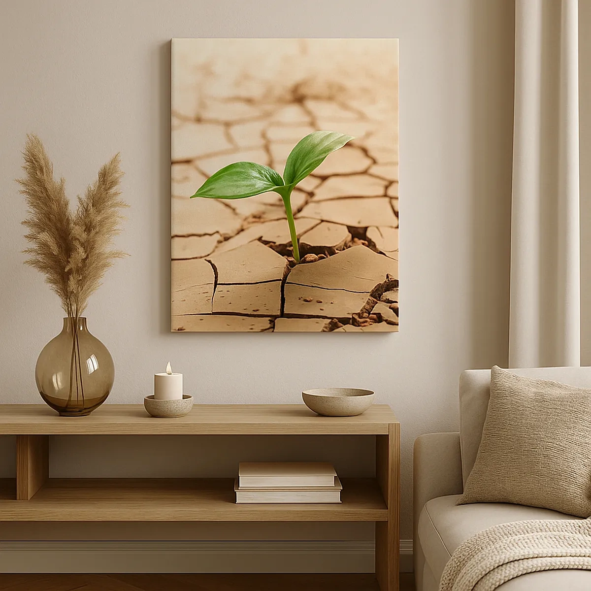 Quadro su tela - Stampe su Tela - Una pianta verde che cresce nella terra secca e screpolata - 50x70cm - L'indomita forza della vita - Decorazione murale moderna per soggiorno e camera da letto ARTTOR