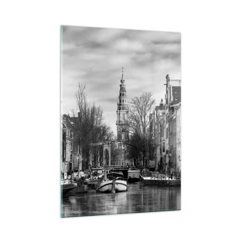 Quadro su vetro - Vista in bianco e nero di un canale di Amsterdam - 50x70cm - Atmosfera di Amsterdam - Decorazione murale moderna per soggiorno e camera da letto ARTTOR