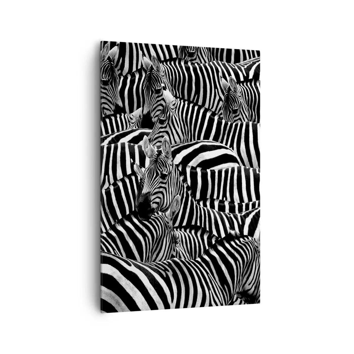 Quadro su tela - Stampe su Tela - Un gruppo di zebre con strisce bianche e nere che creano un motivo di simmetria. - 80x120cm - Ritratto collettivo a strisce - Decorazione murale moderna per soggiorno e camera da letto ARTTOR