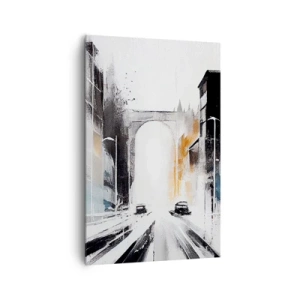 Quadro su tela - Stampe su Tela - Panorama astratto della città con un ponte ad arco - 80x120cm - Studio di città: architettura e movimento - Decorazione murale moderna per soggiorno e camera da letto ARTTOR