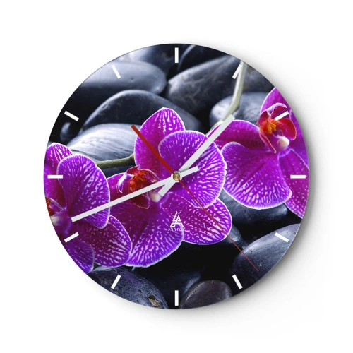Orologio da parete - Orologio in Vetro - Orchidee viola su uno sfondo di pietre nere - 30x30cm - Le pietre brillano di ammirazione - Decorazione murale moderna per soggiorno, cucina e camera da letto ARTTOR