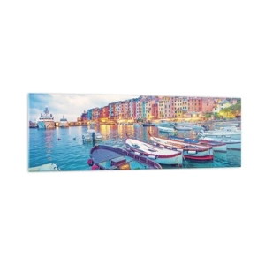 Quadro su vetro - Una colorata città sul lungomare con barche nel porto - 160x50cm - Sera colorata nel porto - Decorazione murale moderna per soggiorno e camera da letto ARTTOR