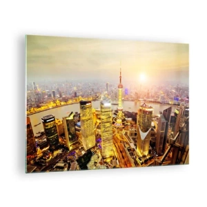 Quadro su vetro - Panorama della città al tramonto con grattacieli - 70x50cm - Sogno asiatico - Decorazione murale moderna per soggiorno e camera da letto ARTTOR