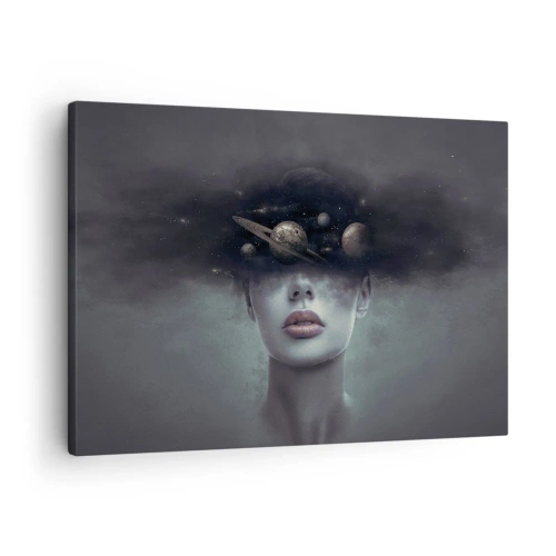 Quadro su tela - Stampe su Tela - Volto di donna con un pianeta e un motivo spaziale sullo sfondo - 70x50cm - E i pianeti folleggiano... - Decorazione murale moderna per soggiorno e camera da letto ARTTOR