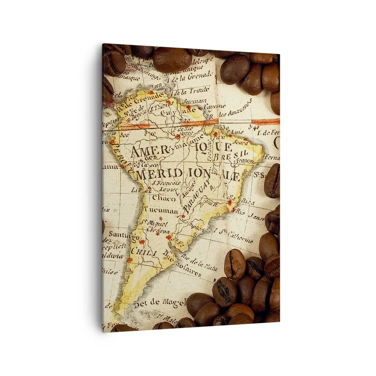 Quadro su tela - Stampe su Tela - Una mappa del Sud America circondata da chicchi di caffè. - 70x100cm - Da dove viene il miglior caffè? - Decorazione murale moderna per soggiorno e camera da letto ARTTOR