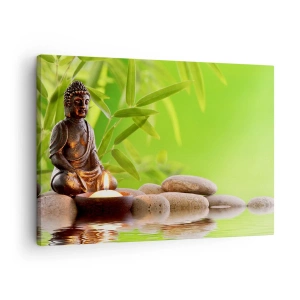 Quadro su tela - Stampe su Tela - Figura di Buddha con pietre e una candela su uno sfondo di bambù - 70x50cm - La vita è bella - Decorazione murale moderna per soggiorno e camera da letto ARTTOR