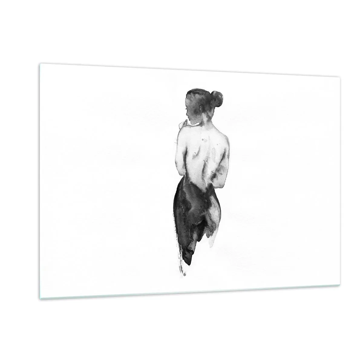 Quadro su vetro - Silhouette in bianco e nero di una donna in stile acquerello - 120x80cm - Accanto a lei il mondo scompare - Decorazione murale moderna per soggiorno e camera da letto ARTTOR