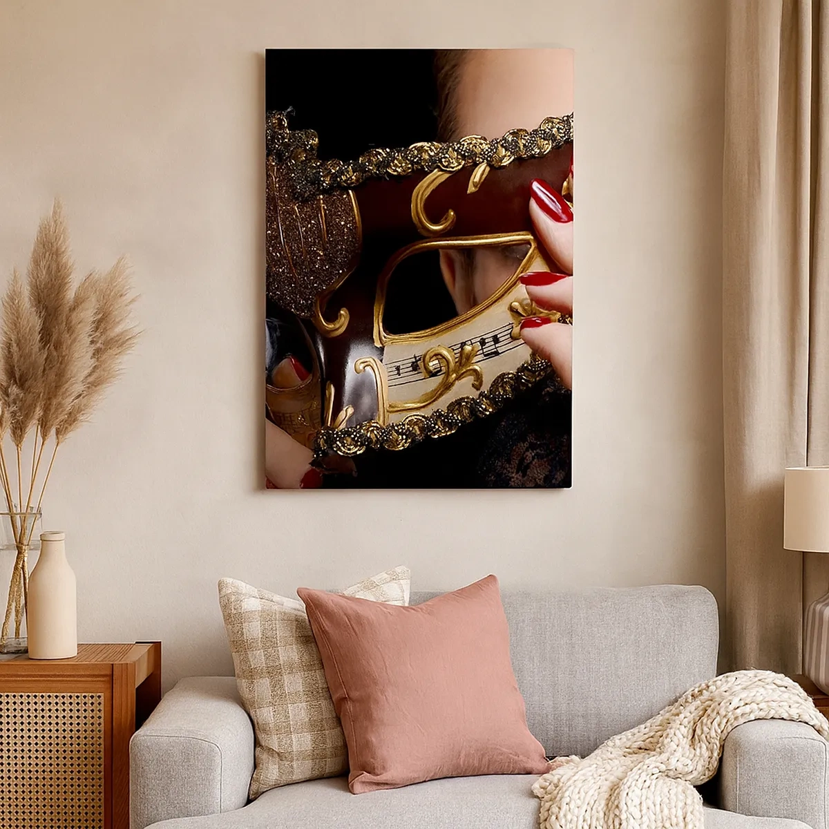 Quadro su tela - Stampe su Tela - Una donna che indossa una maschera veneziana decorata con oro e pizzo. - 50x70cm - Il mio mondo è barocco - Decorazione murale moderna per soggiorno e camera da letto ARTTOR