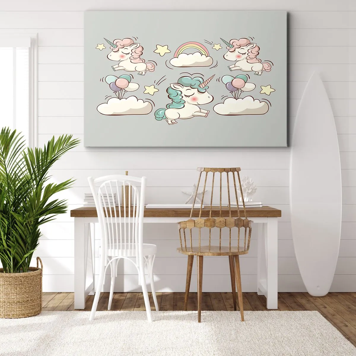 Quadro su tela - Stampe su Tela - Simpatici unicorni su sfondo pastello - 120x80cm - Sicuramente esistono… - Decorazione murale moderna per soggiorno e camera da letto ARTTOR