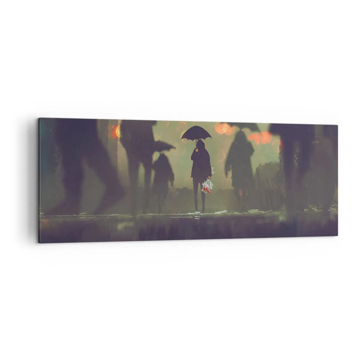 Quadro su tela - Stampe su Tela - Una figura con un ombrello in una sera piovosa tra le luci della città - 140x50cm - Dalla prospettiva di una goccia di pioggia - Decorazione murale moderna per soggiorno e camera da letto ARTTOR