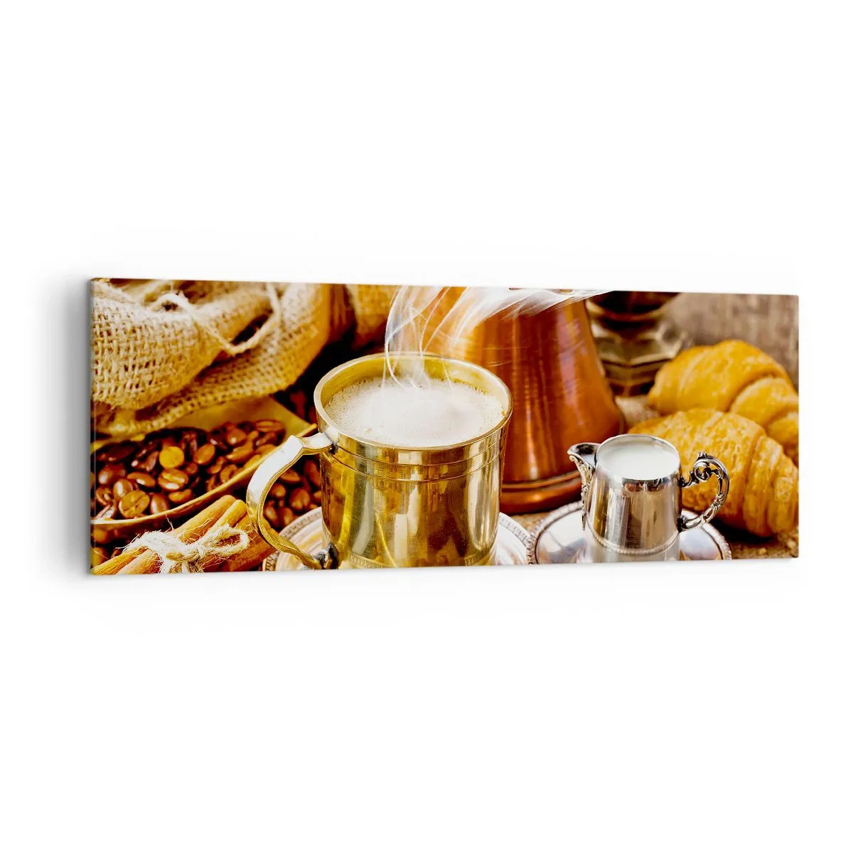 Quadro su tela - Stampe su Tela - Una tazza di caffè dorata circondata da chicchi, brocche e croissant - 140x50cm - Buona giornata! - Decorazione murale moderna per soggiorno e camera da letto ARTTOR